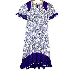 Vintage Good Times Muumuu‎ Dress Womens Medium Purple White Hawaii Floral Ruffle